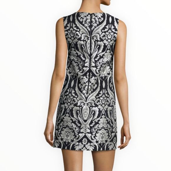 Alice & Olivia Clyde Sleeveless Black & White Damask Shift Mini Dress size 2 - Picture 3 of 15